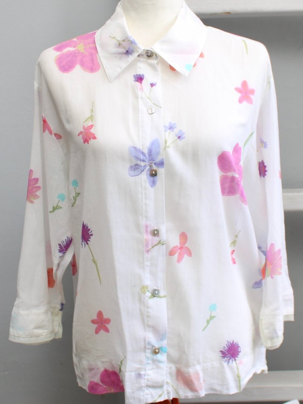 Vintage Y2K Sigrid Olsen White Floral Print Ligthwieght Button-Up Shirt Size 1X